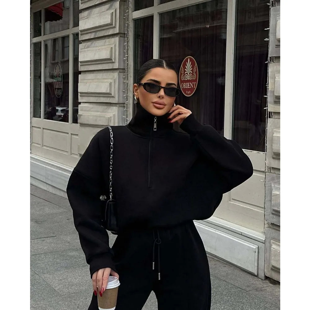 European American Women Casual Suit Half Placket Long Pants Two Piece Set Loose Outfit