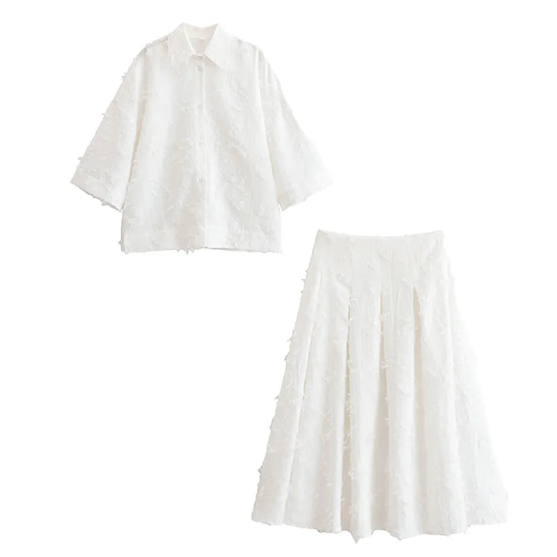 HH Women Tassel Sets White Turn-Down Collar Single-Breasted Shirts+High Waist Zipper A-Line Long Skirts Female Holiday Suit