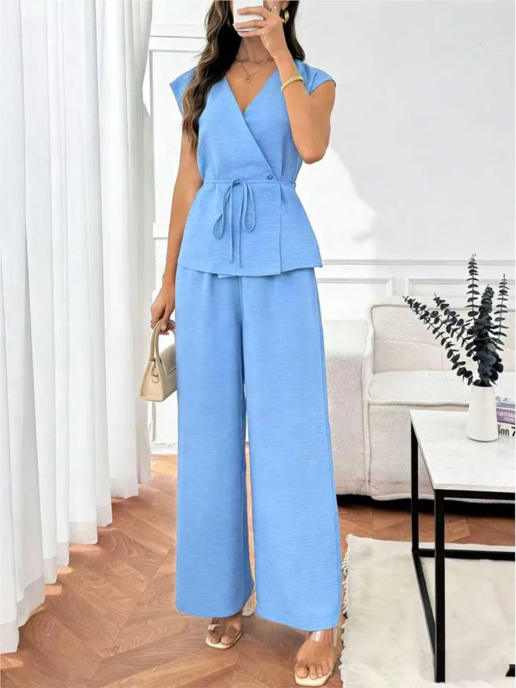 Elegant Women's Waist-cinched Shirt Trousers Suit Summer Casual V-neck Sleeveless Top Loose Wide-leg Trousers 2 piece Set Female