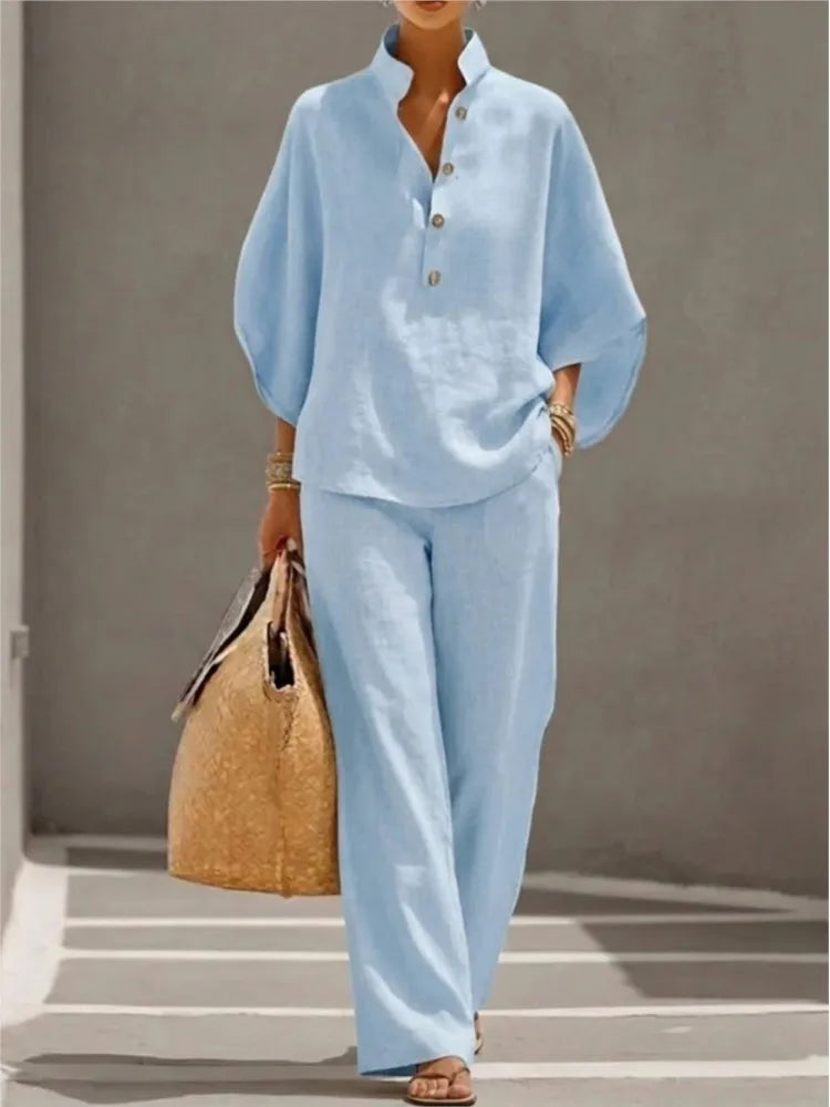 Fashion Cotton Linen Button Stand Collar 9 Quarter Sleeves Loose Women's 2-piece Suit Spring Casual Wide Leg Pants Suit Female