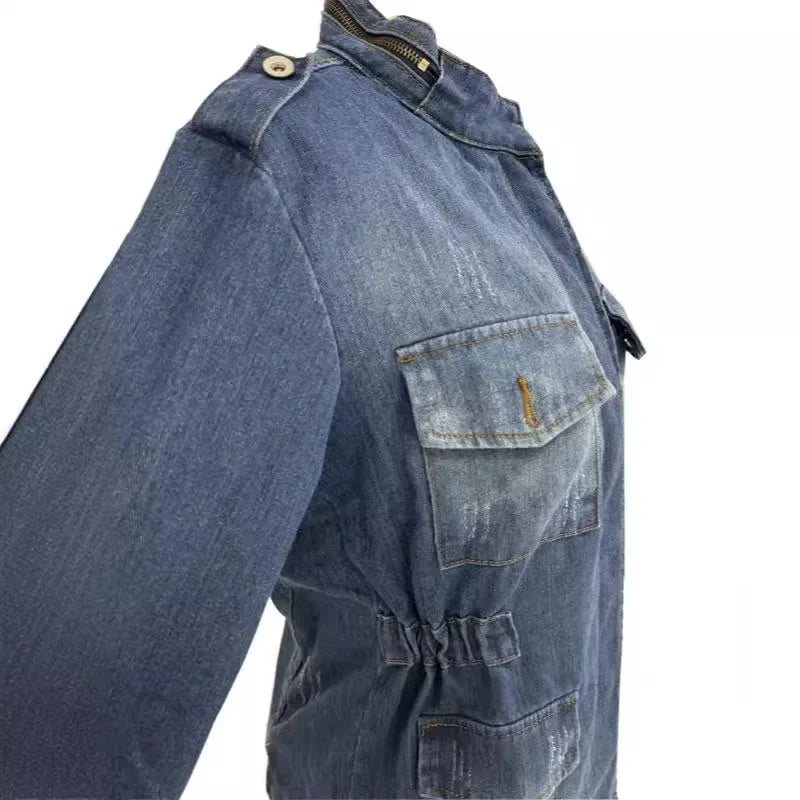 Plus Size Denim Top For Women Fashionable European And American Style Cotton Coat Long Sleeve Square Neck Regular Fit