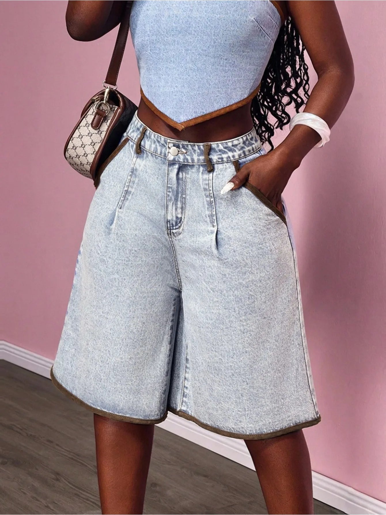 Ladies Decorative Contrast Color Bell Bottom Jeans Shorts Women's Denim Cutoffs Seven-Five Pants Feminine Casual Shorts