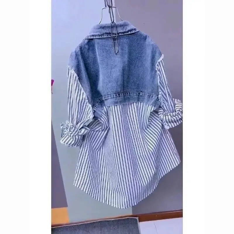 Fashion Striped Denim Jacket Women's Spring/Summer 2024 New Design Sense Stitching Women Jackets Temperament Coat Top 3022