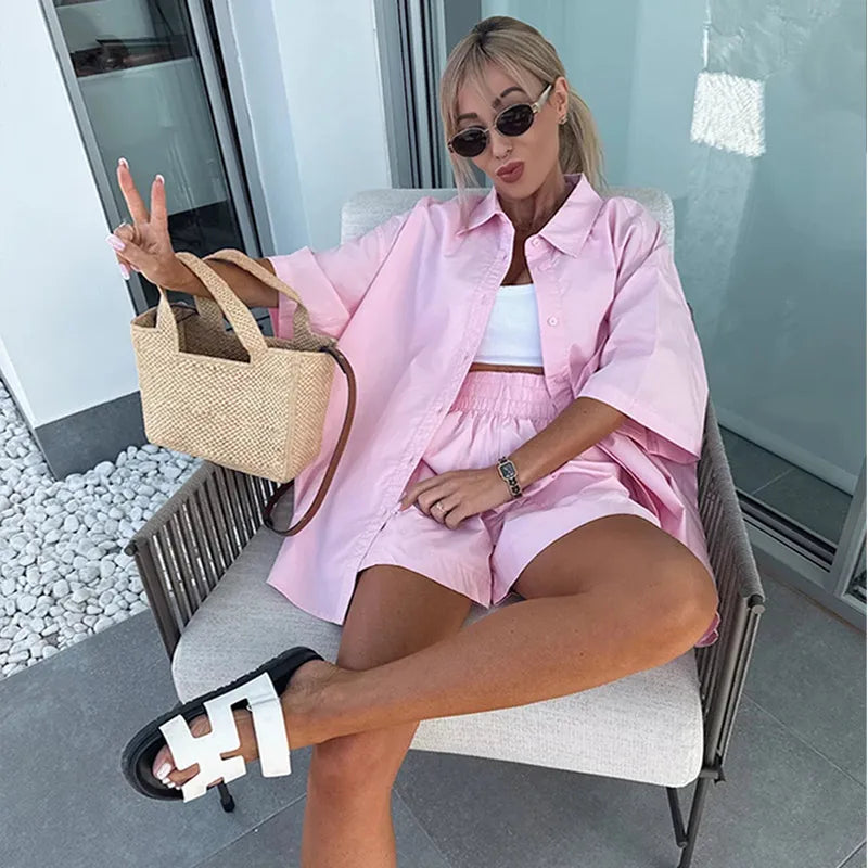 Lapel Short Sleeve Pocket Solid Color Shirt Pants Set Loose Fit Straight Leg Trouser 2026 Spring Casual Women Daily Outfit