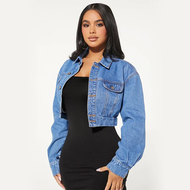 2025 High-waist Denim Extra Short Jacket Women Elastic-waist Jean Coat Spring Autumn Sexy Slim Outerwear Streetwear Casual Tops