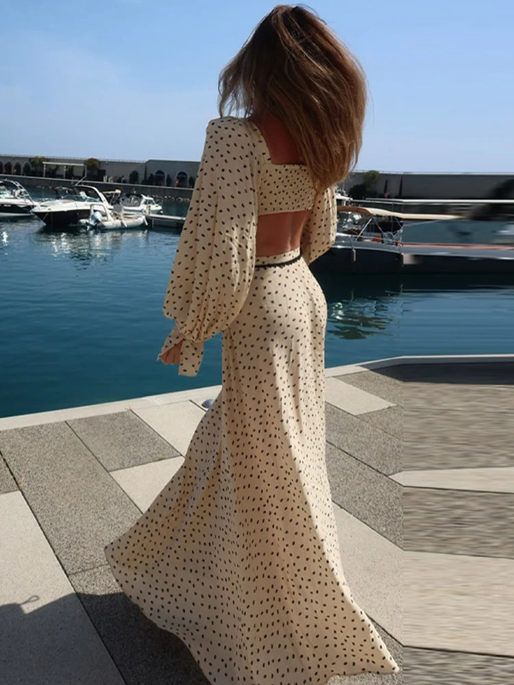 Sexy Dot Tank Top Skirt Women's Sets Beach Long Lantern Sleeve Slash Neck Top Trumpet Skirts 2026 Spring Summer Chic Lady Outfit