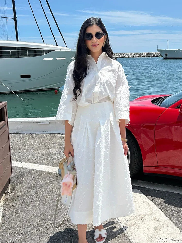 HH Women Tassel Sets White Turn-Down Collar Single-Breasted Shirts+High Waist Zipper A-Line Long Skirts Female Holiday Suit