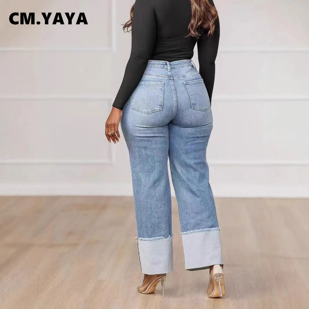 CM.YAYA Women Streetwear Straight Washed Denim Patchwork Wide Leg Jeans Pants 2025 Spring Fashion Ripped Out Party Trousers