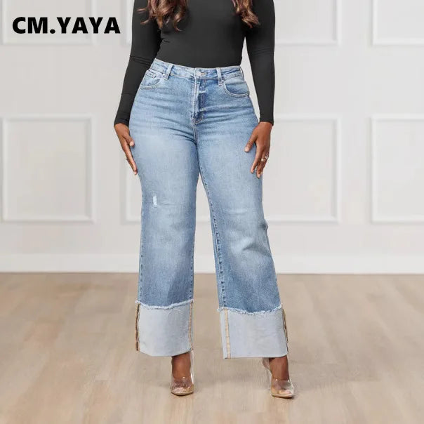 CM.YAYA Women Streetwear Straight Washed Denim Patchwork Wide Leg Jeans Pants 2025 Spring Fashion Ripped Out Party Trousers