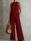 Sexy Halter Neck Sleeveless Tops Women's Office Suit Summer New Fashion Loose Retro Hollow Lace Wide Leg Pants 2-piece Set 2026