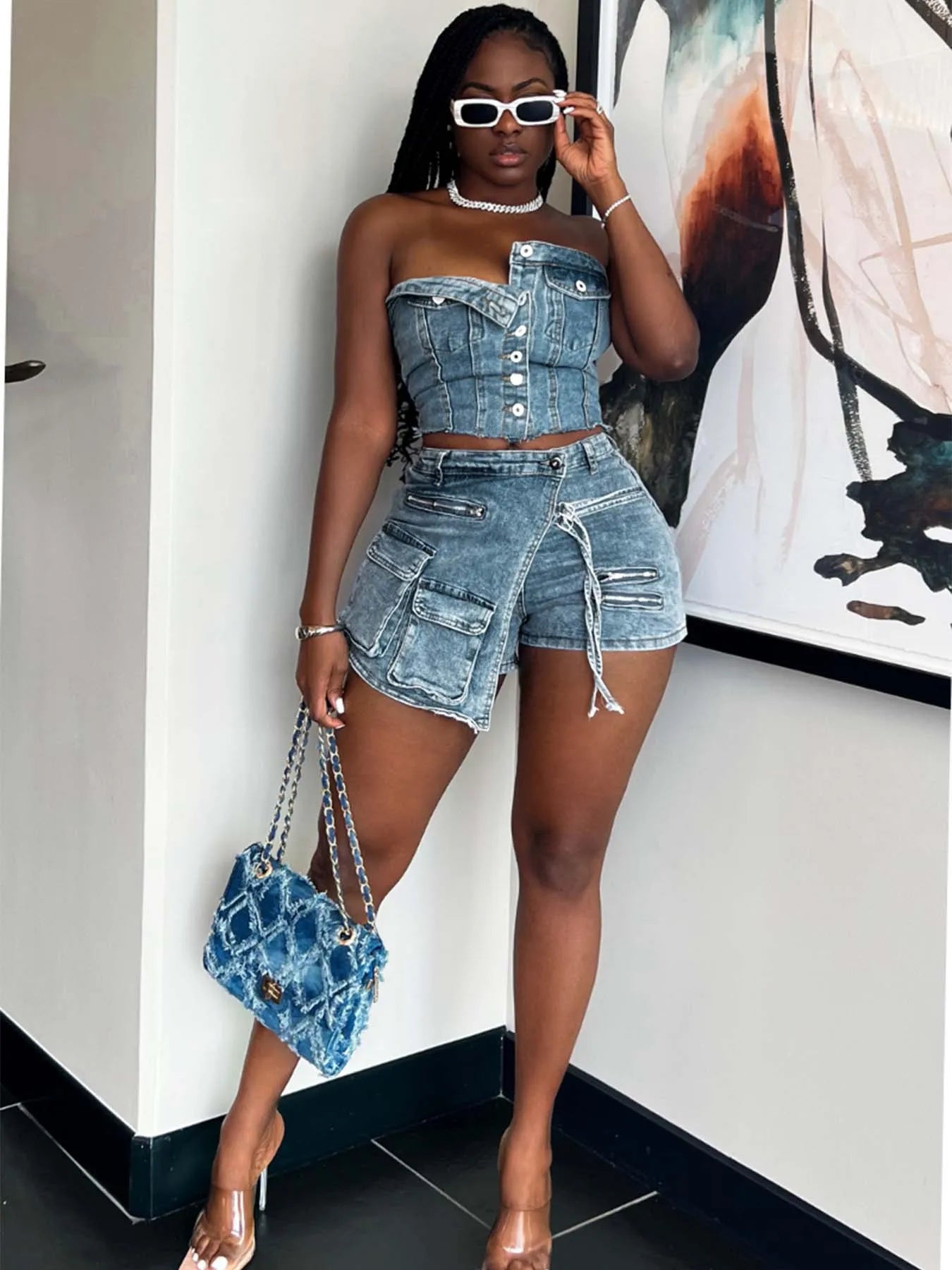 Multi Pockets Jeans Shorts Skirt Outfit Set Sexy Women Elegant Two Pieces Denim Club Matching Set Top+Shorts
