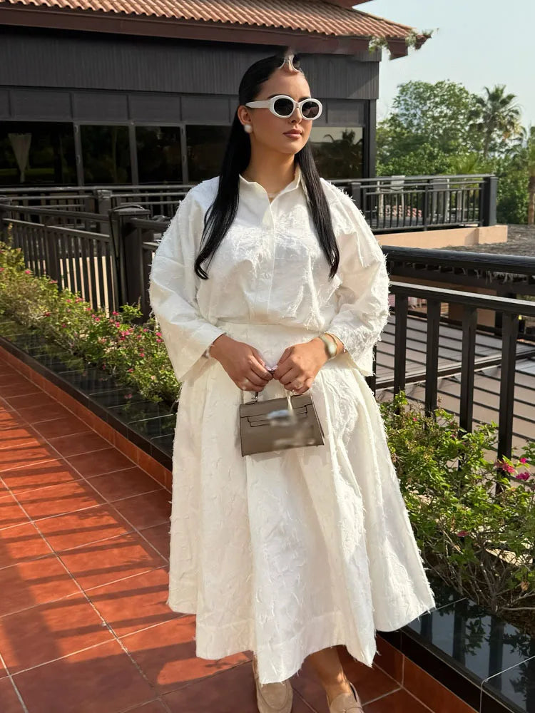 HH Women Tassel Sets White Turn-Down Collar Single-Breasted Shirts+High Waist Zipper A-Line Long Skirts Female Holiday Suit