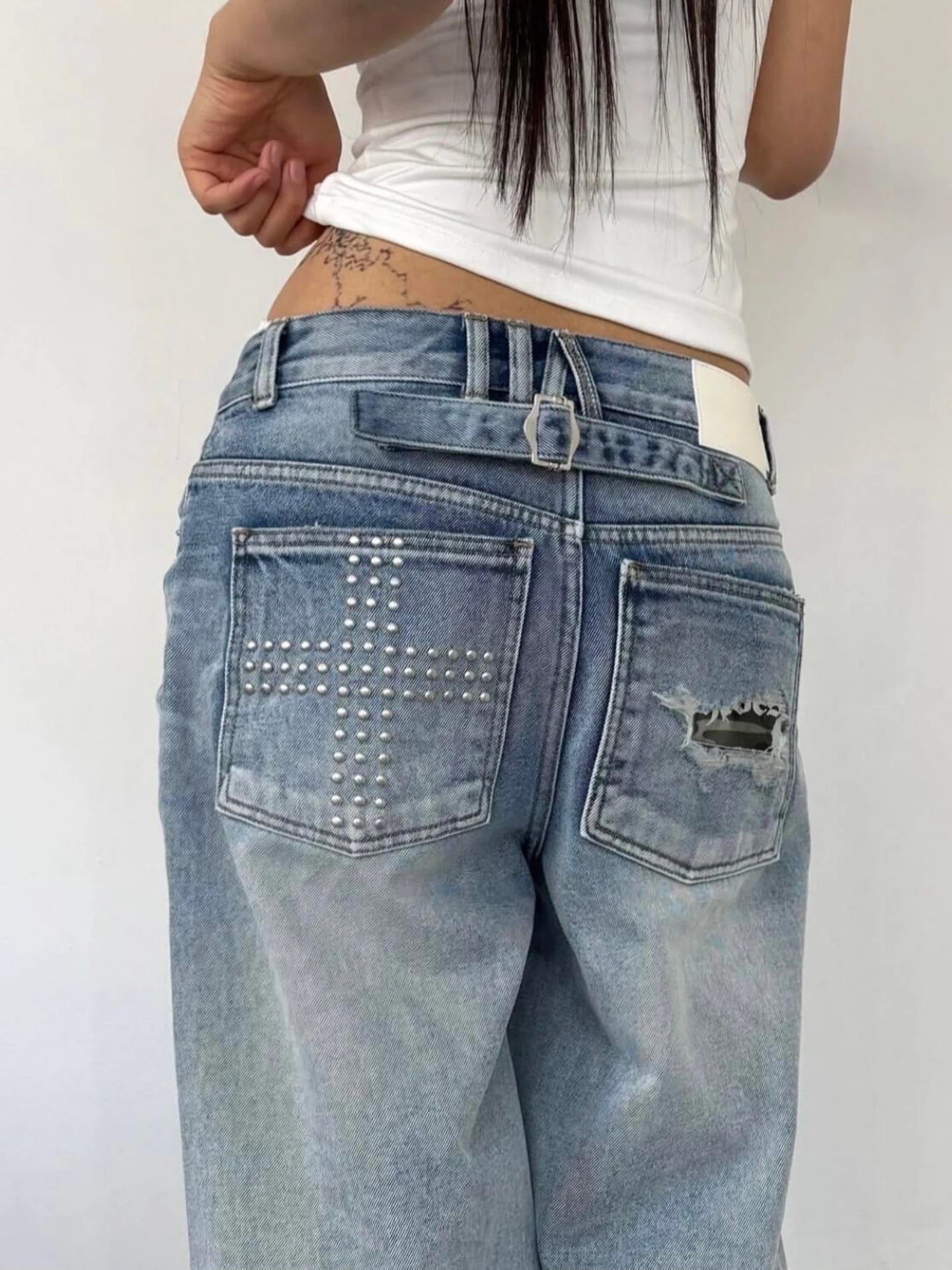 Vintage American style cross rivet plus size women loose straight leg wide leg pants Y2k casual ripped pants