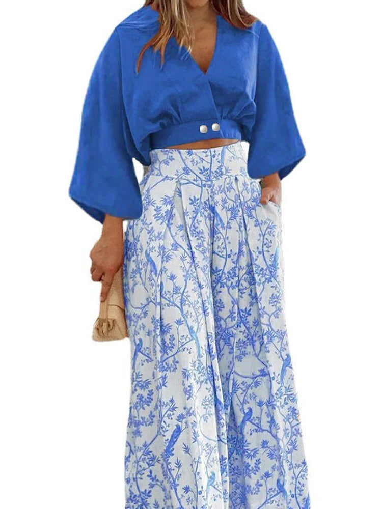 V-neck Long Sleeve Shirt And Blouses Solid Crop Top Straight Print Wide Leg Long Pant Suits 2-pieces Casual Autumn Woman Sets