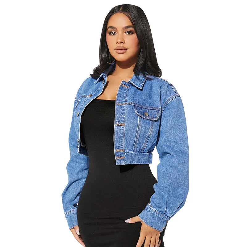 2025 High-waist Denim Extra Short Jacket Women Elastic-waist Jean Coat Spring Autumn Sexy Slim Outerwear Streetwear Casual Tops