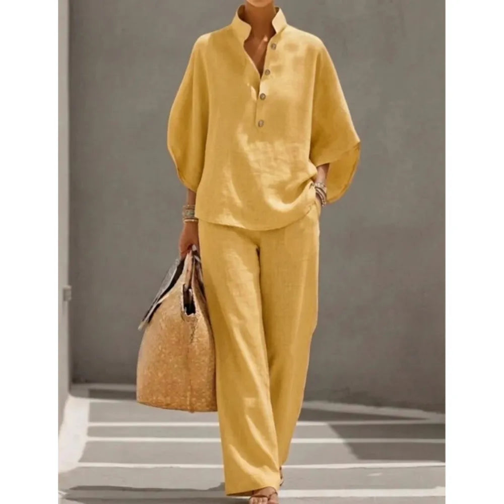 Fashion Cotton Linen Button Stand Collar 9 Quarter Sleeves Loose Women's 2-piece Suit Spring Casual Wide Leg Pants Suit Female