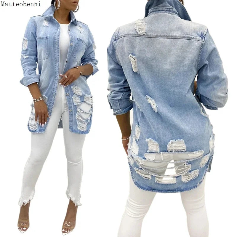 New Autumn Jeans Jacket Women New Sexy Ripped Oversized Denim Jacket Winter Fashion Long Sleeve Denim Jacket Casual Loose Coats