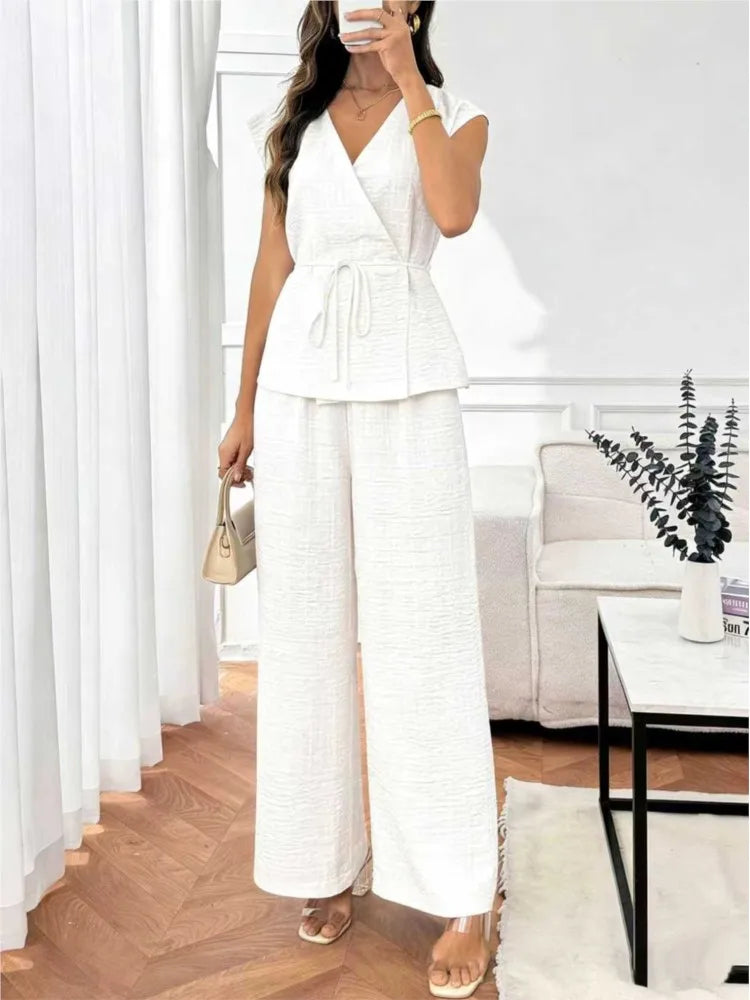 Elegant Women's Waist-cinched Shirt Trousers Suit Summer Casual V-neck Sleeveless Top Loose Wide-leg Trousers 2 piece Set Female
