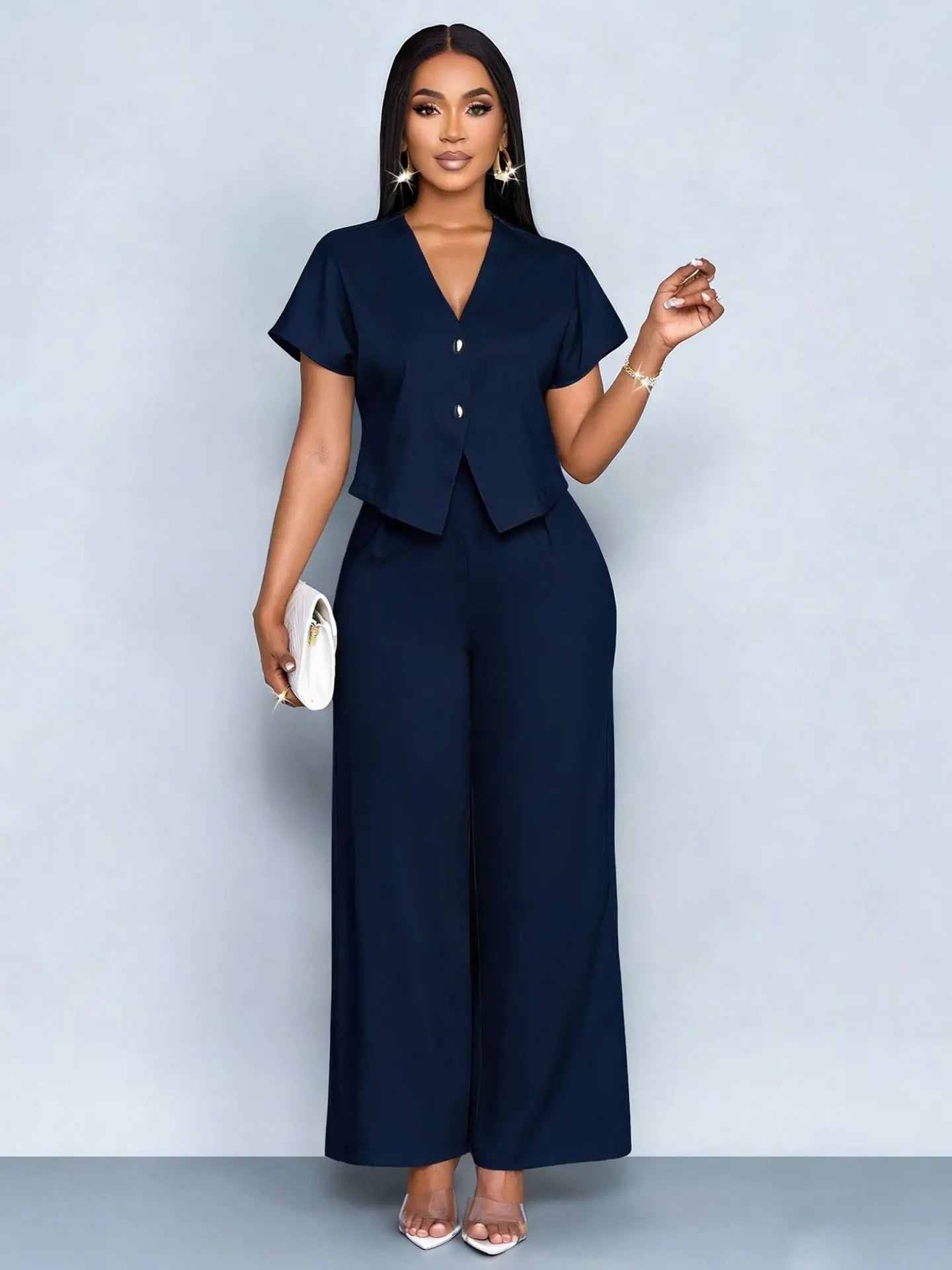 Two Piece Set Women 2026 Summer Fashion V-neck Short Sleeve Short Top & Casual Commuter High Waist Wide Leg Pants Set Outfit