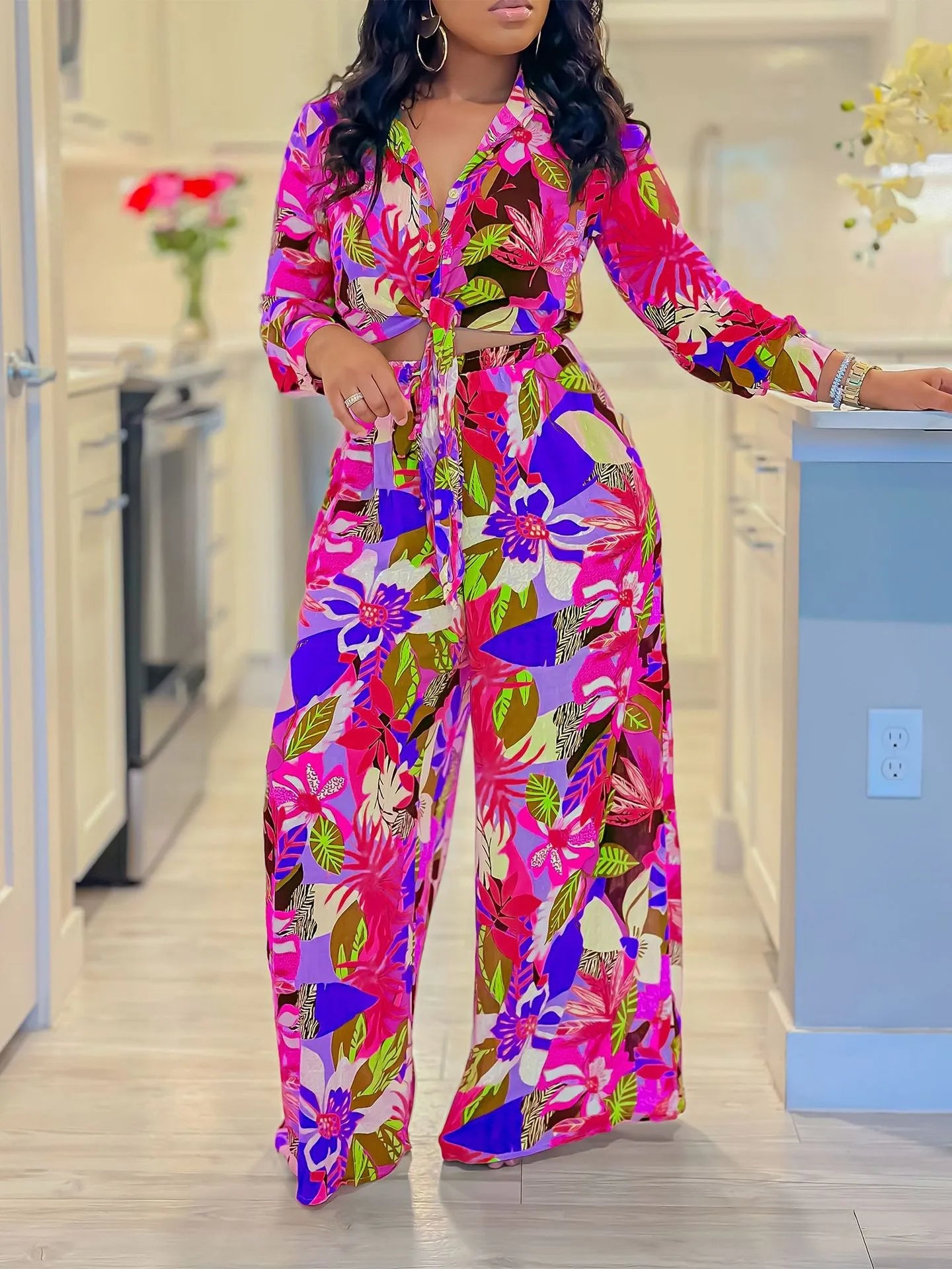 Summer Women's Clothing Floral Print Tie Waist Long Sleeve Shirt And Wide Leg Pants Set Elegant Two Suit Polyester