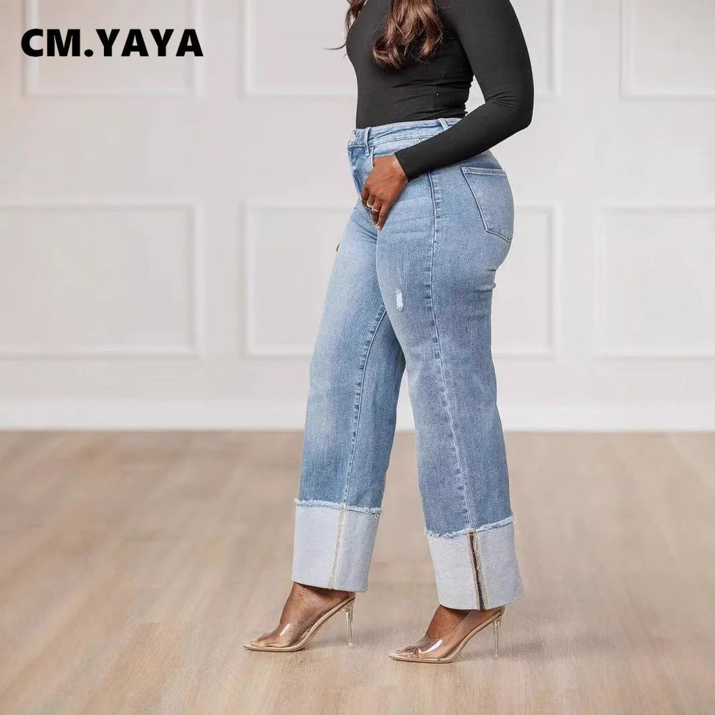 CM.YAYA Women Streetwear Straight Washed Denim Patchwork Wide Leg Jeans Pants 2025 Spring Fashion Ripped Out Party Trousers