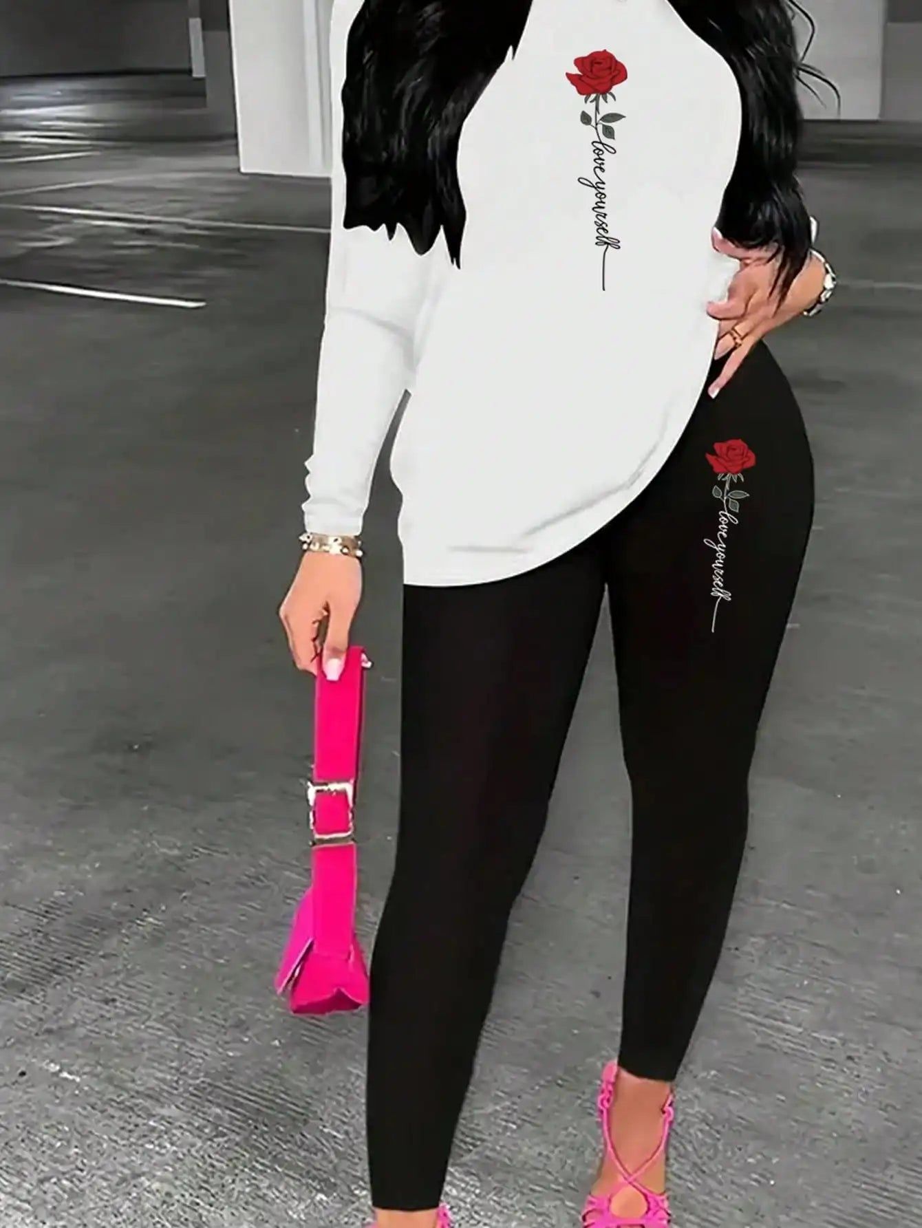 2026 Women's Casual Elegant Rose Printed Two Piece Solid Color Round Neck Long Sleeve T-shirt and Solid Color Printed Pants Set