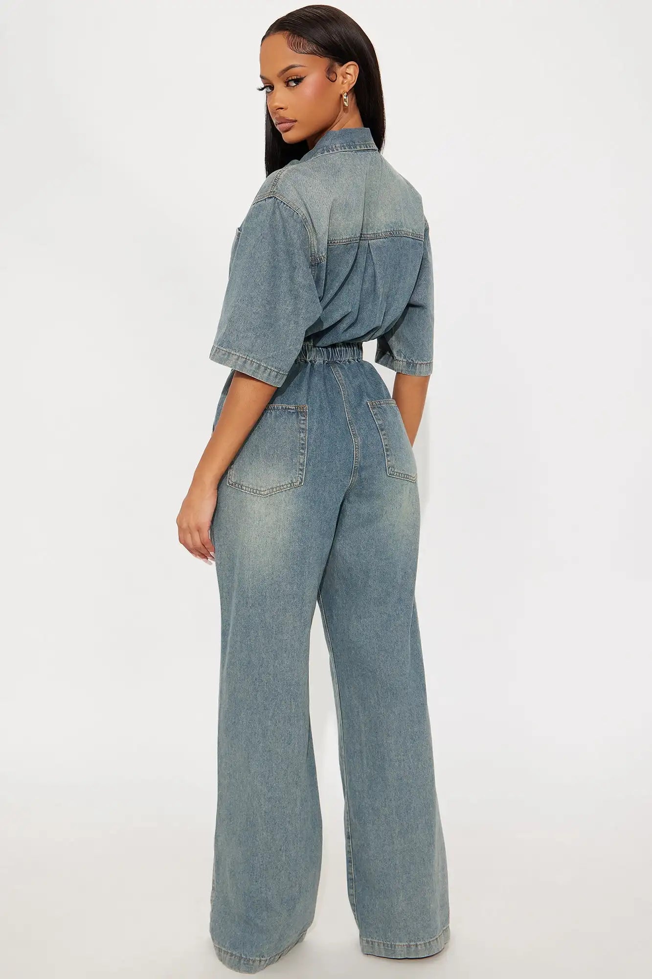 Streetwear Wide Leg Jeans Jumpsuit Sexy Women Turn Down Collar Elegant Denim Straight Romper Overalls