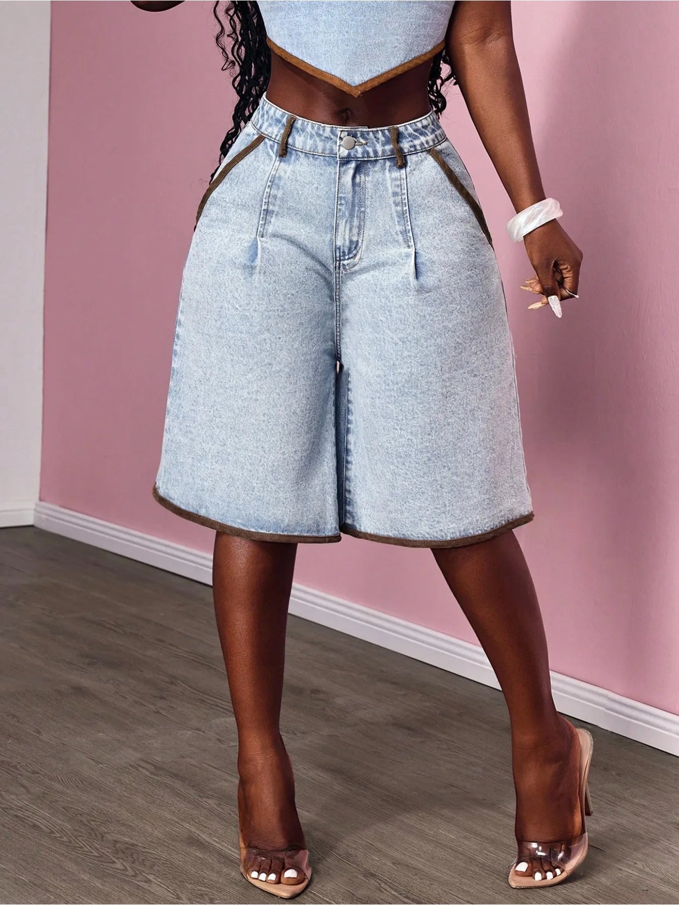 Ladies Decorative Contrast Color Bell Bottom Jeans Shorts Women's Denim Cutoffs Seven-Five Pants Feminine Casual Shorts