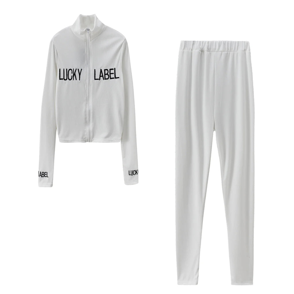2026 Women's High-Necked 2-Piece Sport Suit with Embroidered Letters And Zipper Detail