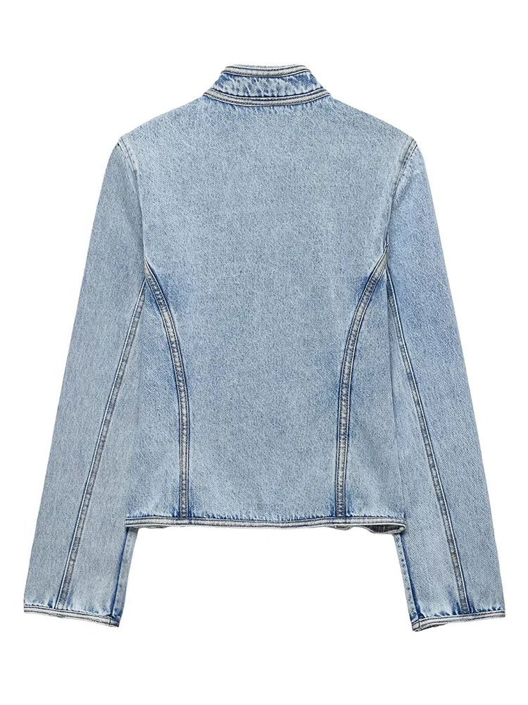 HH Vintage Women's Denim Cropped Jacket Spring Autumn O-Neck Long Sleeve Buttoned Slim Denim Jean Coat Military Style Streetwear