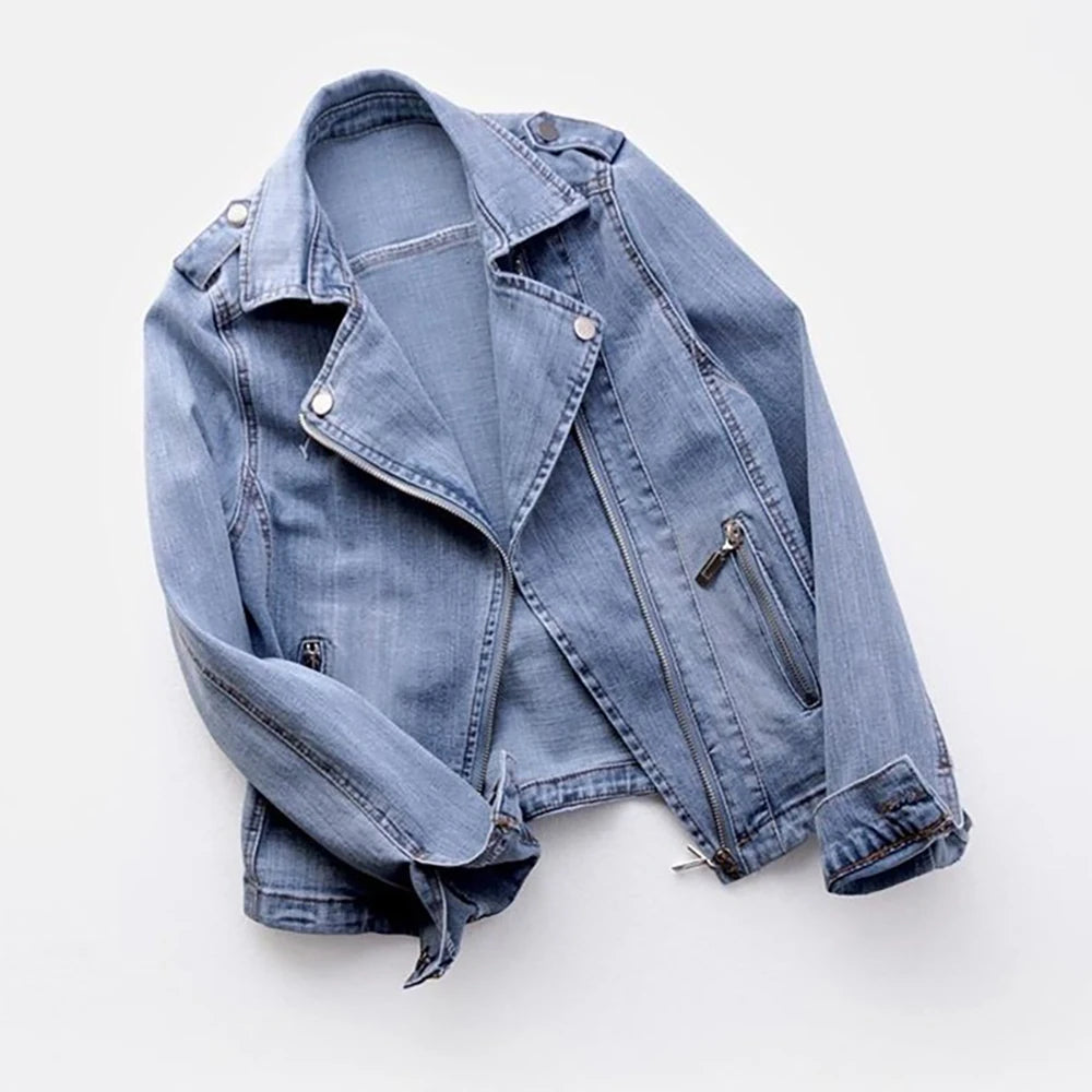 Spring and Autumn Trend New style, Fashion Denim Jacket for Women, Suit Collar Motorcycle Jacket coat, Slim Fit Trendy Top