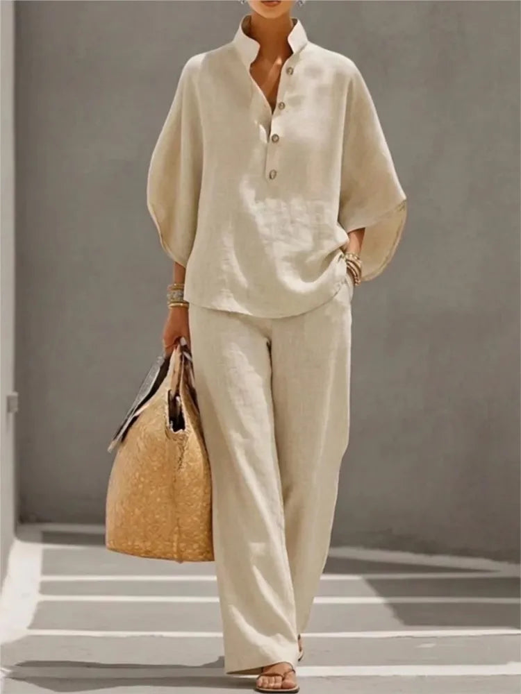 Fashion Cotton Linen Button Stand Collar 9 Quarter Sleeves Loose Women's 2-piece Suit Spring Casual Wide Leg Pants Suit Female