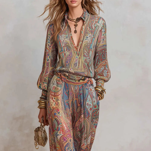 Boho Paisley Print Two-Piece Set for Women Sexy V-Neck Long Sleeve Blouse Top & Wide Leg Pants Casual Loose Suit for Vacation