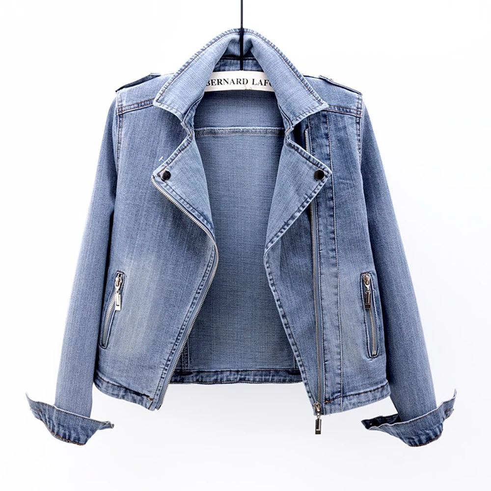 Spring and Autumn Trend New style, Fashion Denim Jacket for Women, Suit Collar Motorcycle Jacket coat, Slim Fit Trendy Top