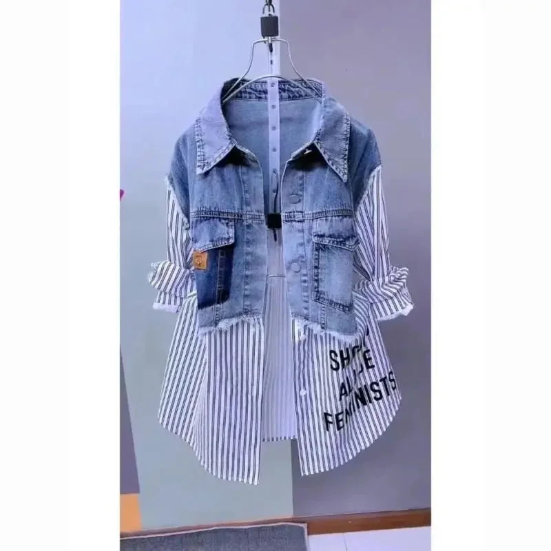 Fashion Striped Denim Jacket Women's Spring/Summer 2024 New Design Sense Stitching Women Jackets Temperament Coat Top 3022