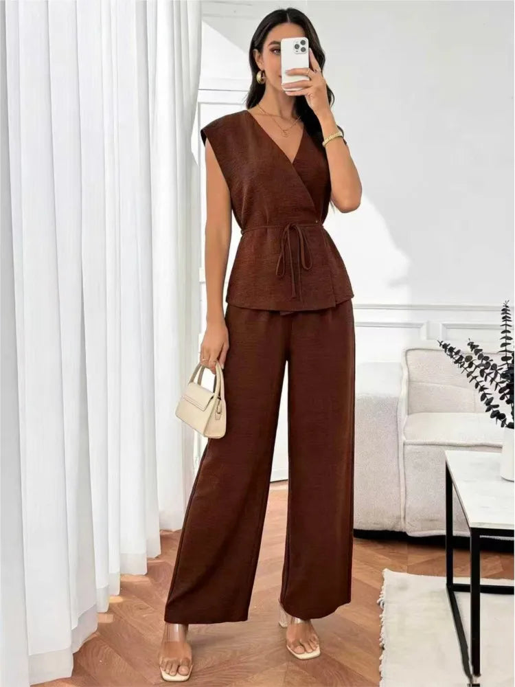 Elegant Women's Waist-cinched Shirt Trousers Suit Summer Casual V-neck Sleeveless Top Loose Wide-leg Trousers 2 piece Set Female