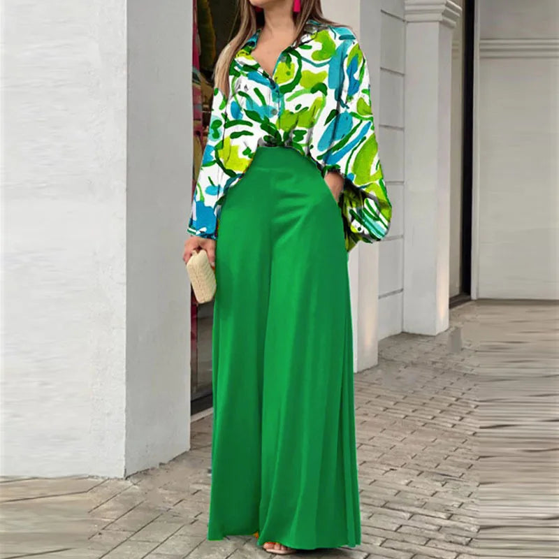 Fashion Print Set Women Casual Long Sleeve Button Shirt+Pockets High Waist Wide Leg Pants Office 2 Piece Sets Lady Spring Summer