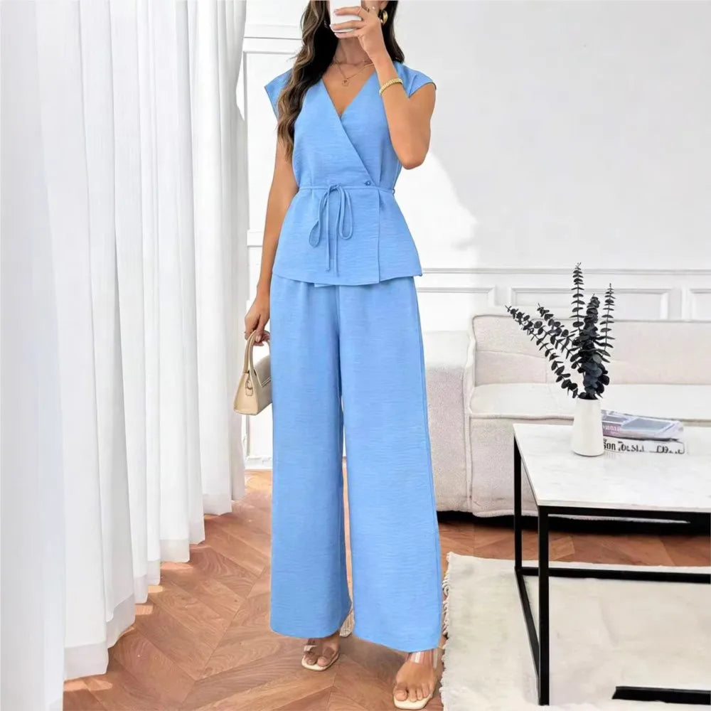 Elegant Women's Waist-cinched Shirt Trousers Suit Summer Casual V-neck Sleeveless Top Loose Wide-leg Trousers 2 piece Set Female