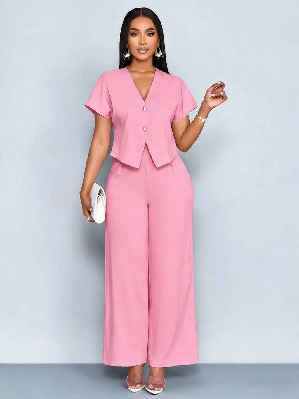 Two Piece Set Women 2026 Summer Fashion V-neck Short Sleeve Short Top & Casual Commuter High Waist Wide Leg Pants Set Outfit