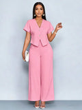 Two Piece Set Women 2026 Summer Fashion V-neck Short Sleeve Short Top & Casual Commuter High Waist Wide Leg Pants Set Outfit