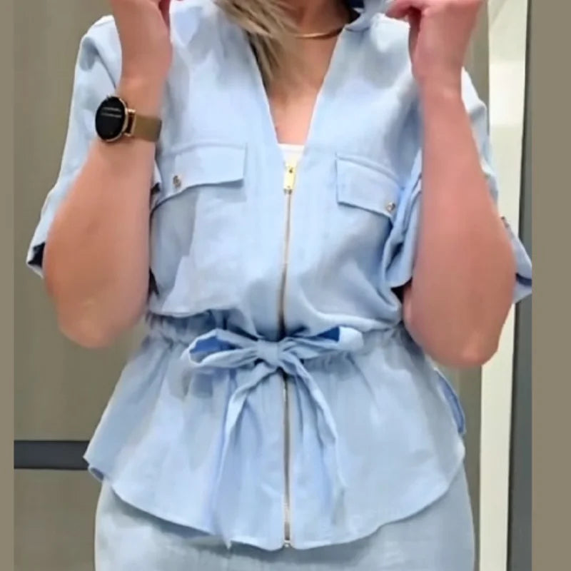 Lapel Short Sleeve Pocket Solid Color Shirt Pants Set Loose Fit Straight Leg Trouser 2026 Spring Casual Women Daily Outfit