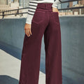 Burgundy women's high waist wide leg jeans stretch denim button placket washed jeans casual outing versatile style
