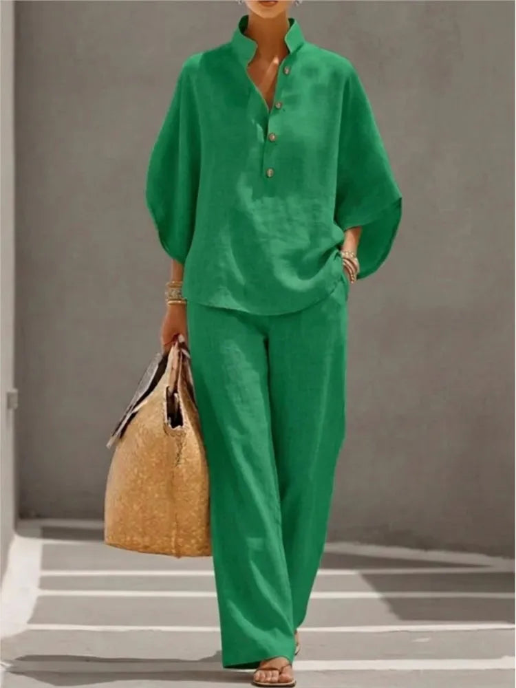 Fashion Cotton Linen Button Stand Collar 9 Quarter Sleeves Loose Women's 2-piece Suit Spring Casual Wide Leg Pants Suit Female