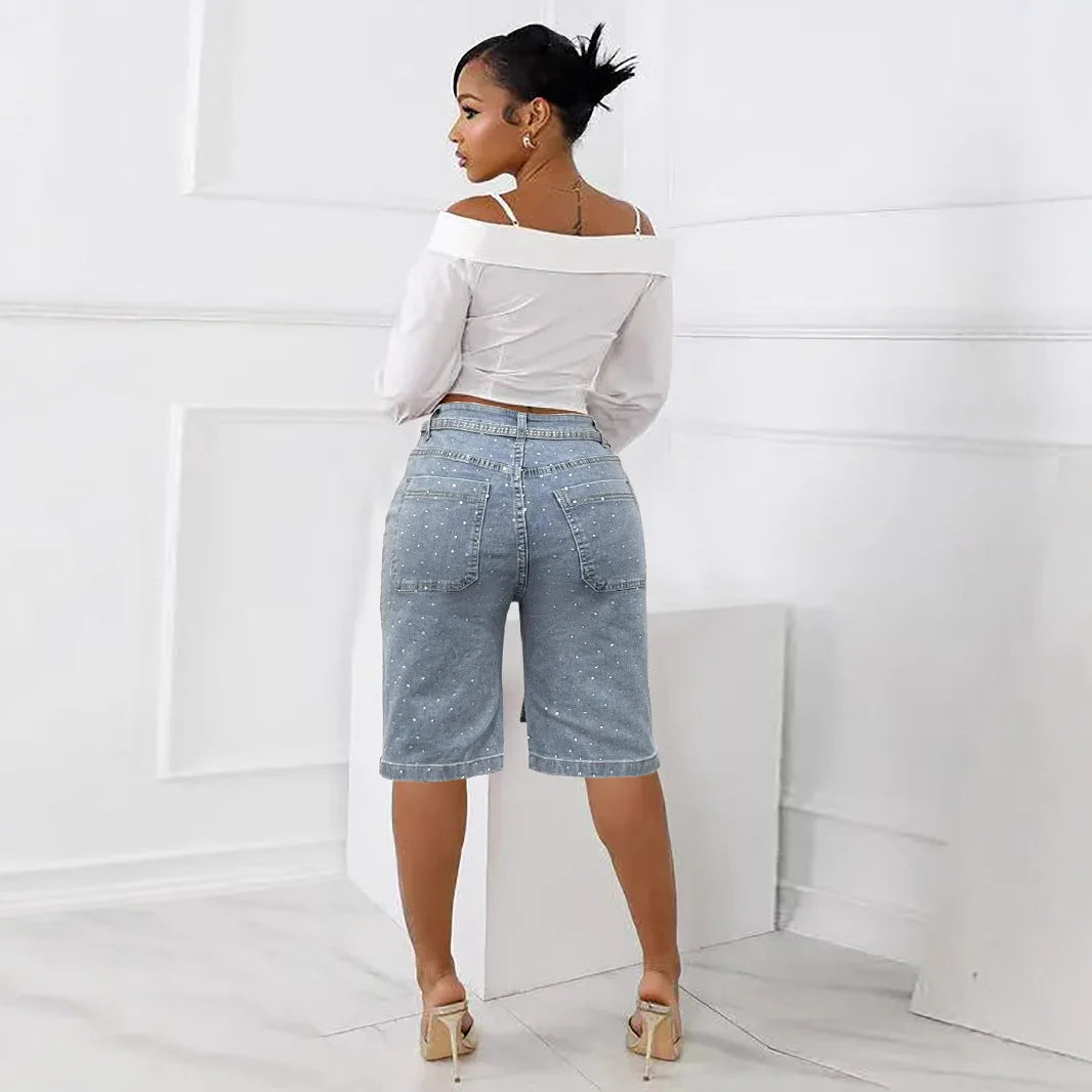 Knee Length Women Jeans High Waist Jean Denim Washed Pants Sashes Zipper Fly Distressed Straight Diamonds Summer Vintage