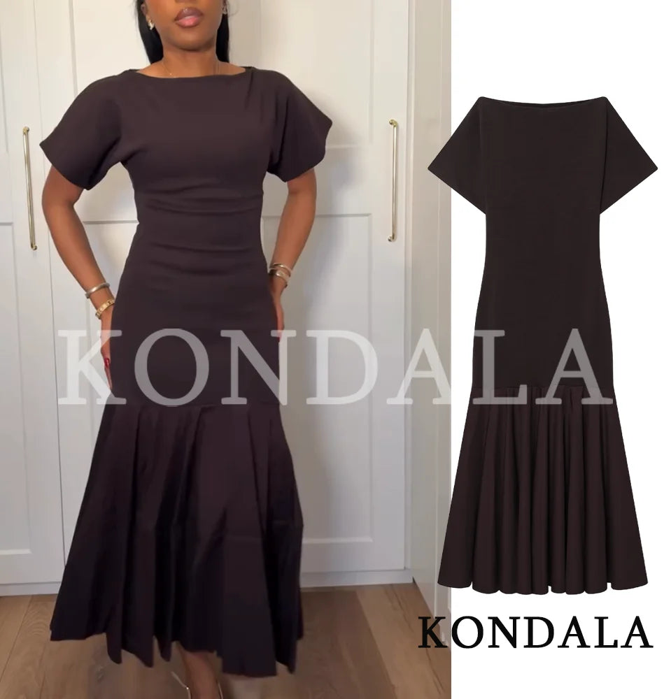 KONDALA Vintage Boat Collar Long Dress Women's Elegant Casual Splicing Pleated Dress New 2026 Spring Summer Fashion Slim Dress