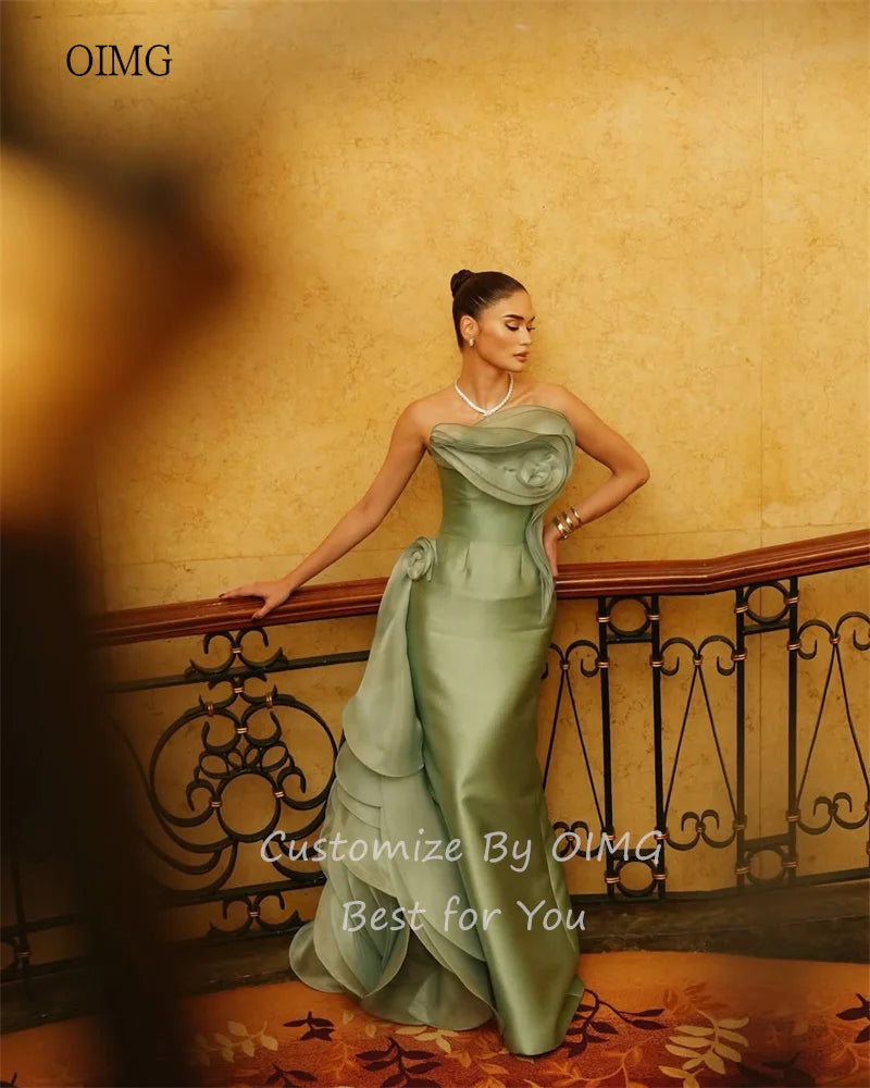 OIMG Green Strapless Mermaid Prom Gowns Satin Backless Tiered Formal Party Gown Floor Length Evening Dress 2026 Customized