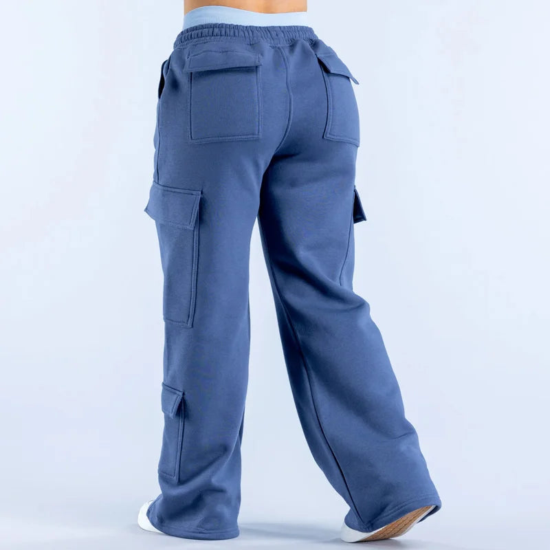 Women Fashion Low Waist Belted Straight Leg Wide Leg Trousers Solid Color Casual Joggers Multiple Pockets American Work Pants