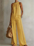 Sexy Halter Neck Sleeveless Tops Women's Office Suit Summer New Fashion Loose Retro Hollow Lace Wide Leg Pants 2-piece Set 2026