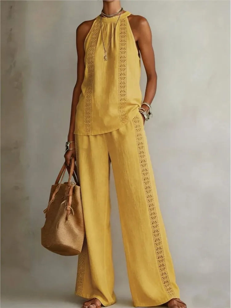 Sexy Halter Neck Sleeveless Tops Women's Office Suit Summer New Fashion Loose Retro Hollow Lace Wide Leg Pants 2-piece Set 2026