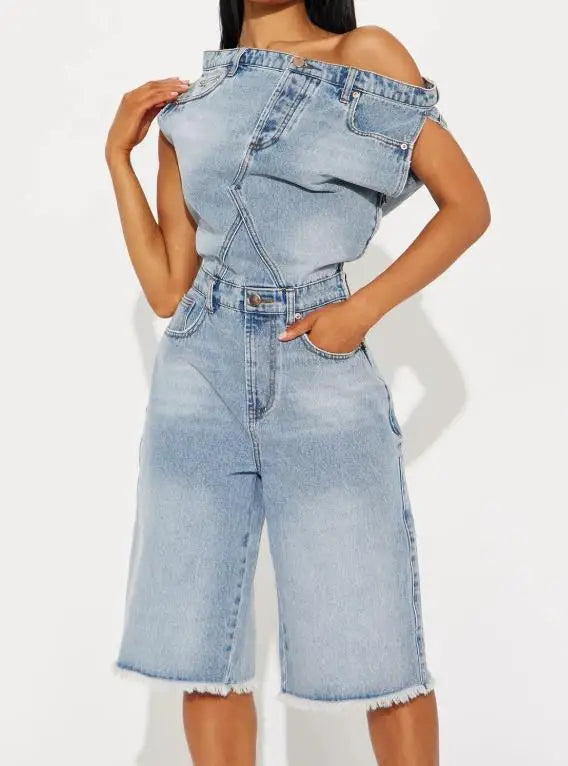Summer New Trend Personalized One Neck Design Slim Fit High Waist Straight Leg Jumpsuit Women's Side Zipper Denim Jumpsuit